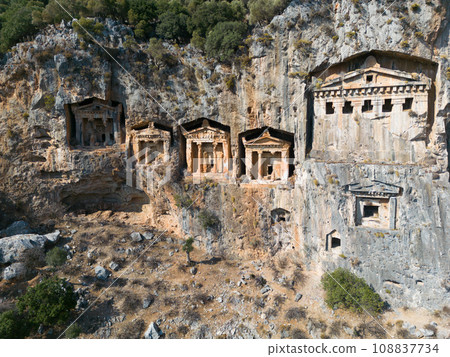 Dalyan, Mugla. Turkey Kings tombs in the cliff face Kaunos Dalyan, Turkey. Aerial view . High quality photo 108837734