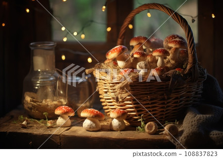 Basket with fly agarics mushrooms 108837823