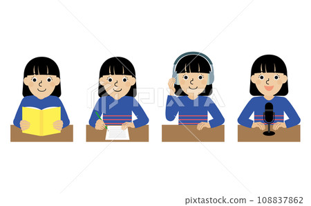 日本女性的上半身插圖集展示了語言習得所需的四項基本技能 108837862