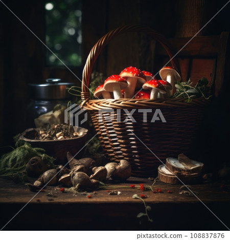 Basket with fly agarics mushrooms Basket with fly agarics mushrooms 108837876
