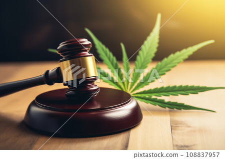 judge hammer and cannabis leaves on wooden background 108837957