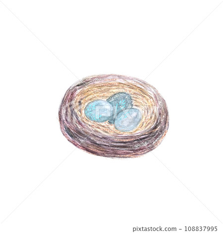 Hand-painted watercolor nest with three blue eggs isolated on white 108837995