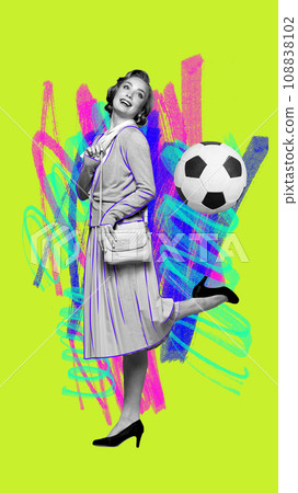 Contemporary art collage. Modern creative artwork. Monochrome woman, medieval woman dressed smart casual outfit and kicking football ball her heel. Poster Contemporary art collage. Modern creative artwork. Monochrome woman, medieval woman dressed smart casual outfit and kicking football ball her heel. Poster 108838102