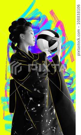 Contemporary art collage. Modern artwork. Monochrome Asian woman, princess holds basketball ball against background with drawings. Poster. 108838106