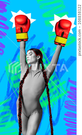 Contemporary art collage. Young attractive woman, princess with long hair raising hands in boxing gloves against colorful background. poster 108838122