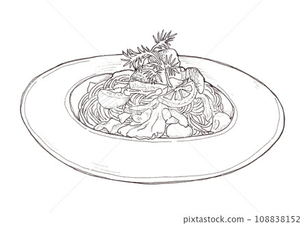 圖庫插圖: 手繪限時魚義大利麵單色線描 108838152