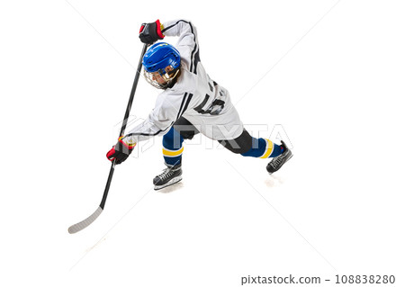 Top view image of young girl, hockey player in motion during game, training, playing isolated over white background 108838280