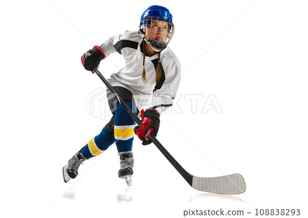 Young girl, athlete, hockey player in motion, training, playing isolated over white background. Sport, championship 108838293