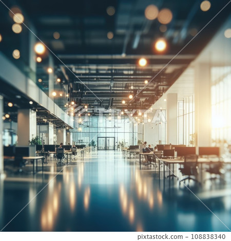 Blurred empty open space office. Abstract light bokeh at office interior background for design. Blurred empty open space office. Abstract light bokeh at office interior background for design. 108838340