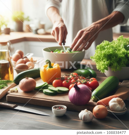 Cooking - chef's hands preparing vegetable vegetarian stew (thick soup). Kitchen scenery - pot 108838477