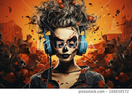 Futuristic Retro Halloween Party with Energetic DJ in a Post-Apocalyptic Cityscape. AI generation Futuristic Retro Halloween Party with Energetic DJ in a Post-Apocalyptic Cityscape. AI generation 108838572