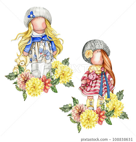 Composition of doll Tilda in dress and dahlia flowers. Hand drawn watercolor illustration. Design for baby shower party, birthday, cake, holiday celebration design, greetings card, invitation, sticker 108838631
