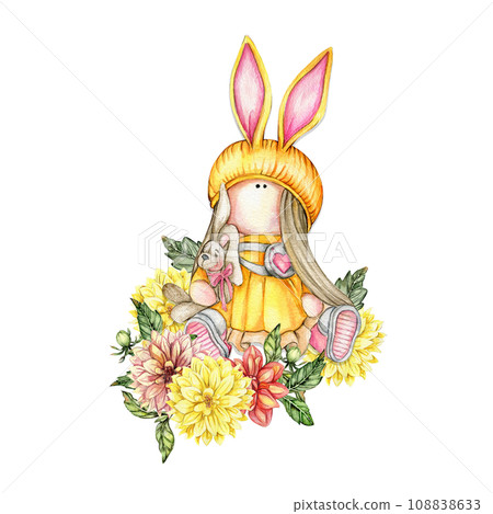 Composition of doll Tilda in dress and dahlia flowers. Hand drawn watercolor illustration. Design for baby shower party, birthday, cake, holiday celebration design, greetings card, invitation, sticker 108838633