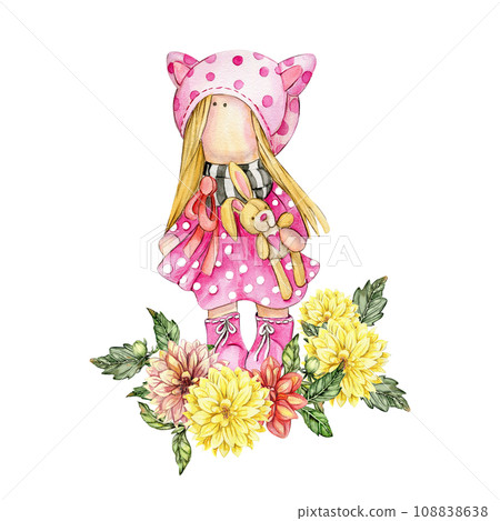Composition of doll Tilda in dress and dahlia flowers. Hand drawn watercolor illustration. Design for baby shower party, birthday, cake, holiday celebration design, greetings card, invitation, sticker Composition of doll Tilda in dress and dahlia flowers. Hand drawn watercolor illustration. Design for baby shower party, birthday, cake, holiday celebration design, greetings card, invitation, sticker 108838638