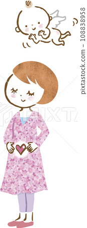 Illustration of a woman who is pregnant and happy and an angel who is happy to see her 108838958