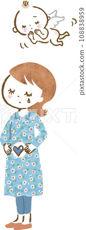 Illustration of a woman grieving after a miscarriage and an angel looking at her Illustration of a woman grieving after a miscarriage and an angel looking at her 108838959