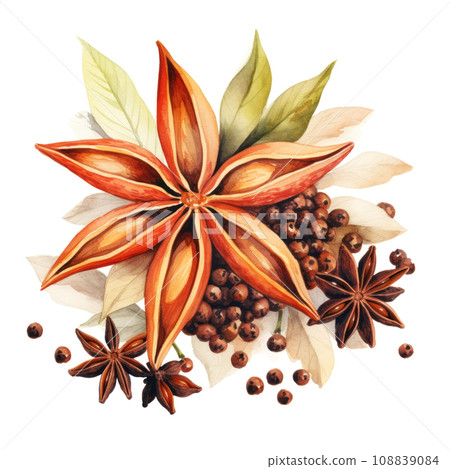 Watercolor star anise painting with green leaves and berries on white background. Generative AI 108839084