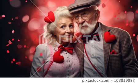 Two happy seniors in elegant attire enjoy a romantic moment together on floating hearts on background. Generative AI 108839087