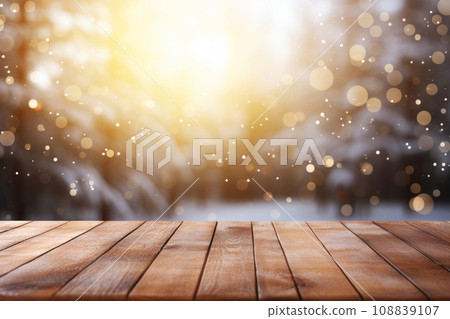 Empty wooden table overlooks a soft glowing winter scene with empty copy space bokeh background. Generative AI 108839107