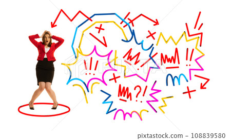 Contemporary art collage. Confused, treeified woman cant understand new strategy of business project development. Modern colorful abstract scribble drawings. Contemporary art collage. Confused, treeified woman cant understand new strategy of business project development. Modern colorful abstract scribble drawings. 108839580