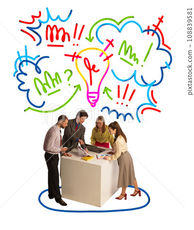 Contemporary art collage. creative team of employees, colleague in one project generate new ideas for business startup development. Modern colorful abstract scribble drawings. Contemporary art collage. creative team of employees, colleague in one project generate new ideas for business startup development. Modern colorful abstract scribble drawings. 108839581