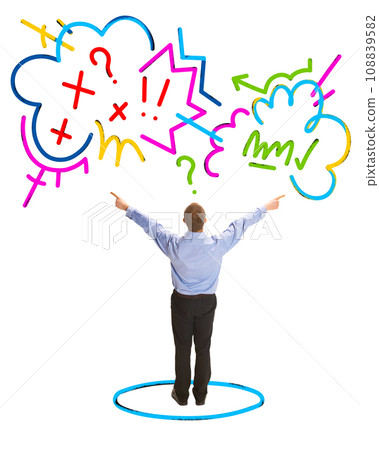 Contemporary art collage. Rear view of man, planning, made new strategy for his project. Modern colorful abstract scribble drawings. Contemporary art collage. Rear view of man, planning, made new strategy for his project. Modern colorful abstract scribble drawings. 108839582