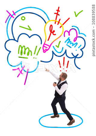 Contemporary art collage. Happy delightful man dressed smart casual outfit and shares obligations. Modern colorful abstract scribble drawings. Contemporary art collage. Happy delightful man dressed smart casual outfit and shares obligations. Modern colorful abstract scribble drawings. 108839588
