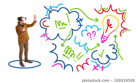 Contemporary art collage. Employer, man in VR glasses takes courses career development. Modern colorful abstract scribble drawings. 108839589