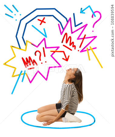 Contemporary art collage. Tired woman sitting and thinking about burning deadlines, work tasks. Modern colorful abstract scribble drawings. 108839594