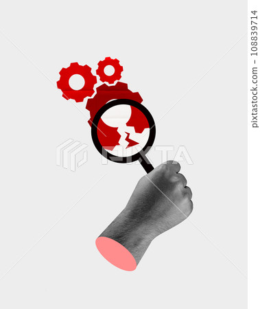 Human hand holding magnifying glass over broken gear. Understanding the problem and solution how to fix. Contemporary art collage. 108839714
