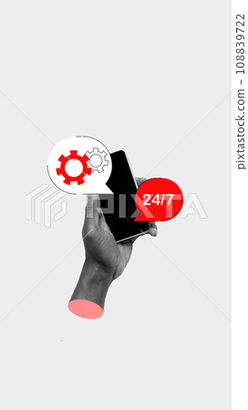 Man holding mobile phone with time and settings icons meaning all day support and accessibility. Contemporary art collage. 108839722