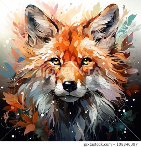 Autumnal Spirit Fox: A Vibrant Portrait Amidst Seasonal Whimsy in Digital Art. AI generation 108840397