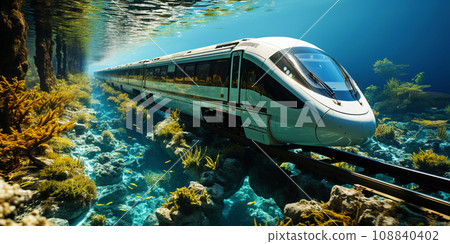 Futuristic High-Speed Train Gliding Through a Sunlit Underwater Corridor. AI generation 108840402