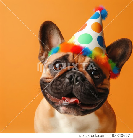 a French bulldog puppy in a birthday hat sits on a white background. the concept of funny pets 108840697