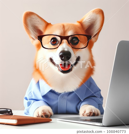 Cute corgi dog looking into computer laptop working in glasses and shirt 108840773