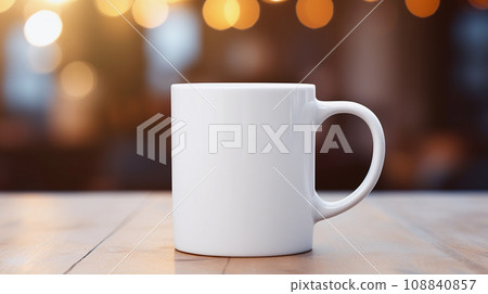 White Mug Mockup Against the Background of Blurred Lights 108840857