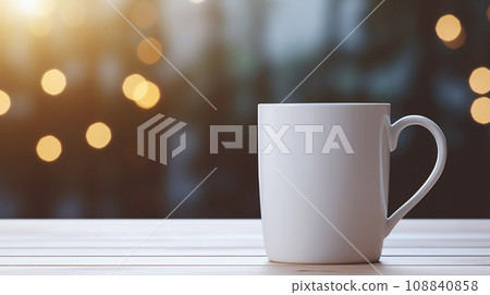 White Mug Mockup Against the Background of Blurred Lights White Mug Mockup Against the Background of Blurred Lights 108840858