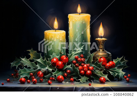 Candles surrounded by holly leaves 108840862