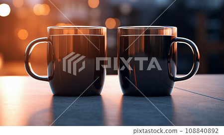 Two Glass Black Mugs Mockup Against the Background of Blurred Lights 108840892