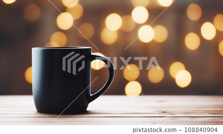 Black Mug Mockup Against the Background of Blurred Lights 108840904