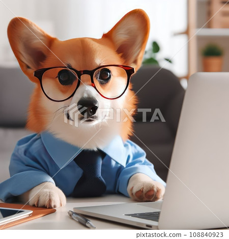 Cute corgi dog looking into computer laptop working in glasses and shirt 108840923