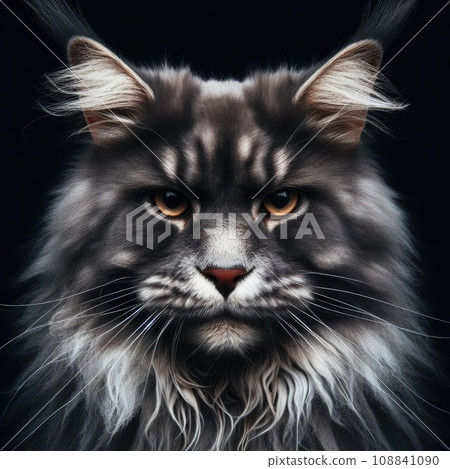 Close-up Portrait of Angry Gray Maine Coon Cat Grumpy Looking in Camera Isolated on Black Background Close-up Portrait of Angry Gray Maine Coon Cat Grumpy Looking in Camera Isolated on Black Background 108841090
