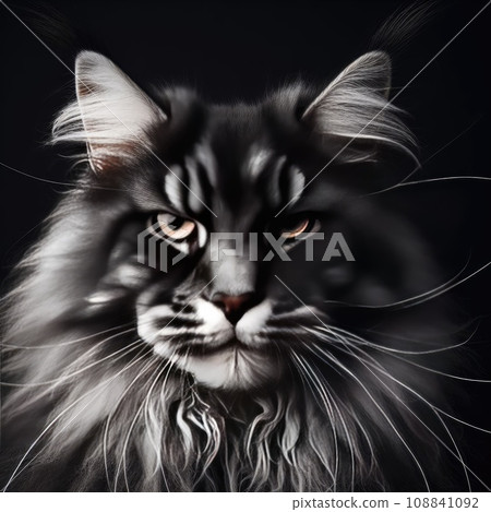 Close-up Portrait of Angry Gray Maine Coon Cat Grumpy Looking in Camera Isolated on Black Background 108841092
