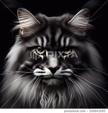 Close-up Portrait of Angry Gray Maine Coon Cat Grumpy Looking in Camera Isolated on Black Background Close-up Portrait of Angry Gray Maine Coon Cat Grumpy Looking in Camera Isolated on Black Background 108841095