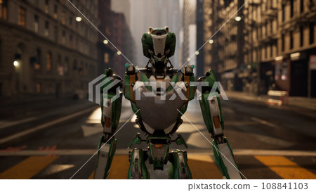 robot walking along a deserted street in a big city. humanoid AI robot crossing street. 3d animation. future automation job. robot walking along a deserted street in a big city. humanoid AI robot crossing street. 3d animation. future automation job. 108841103