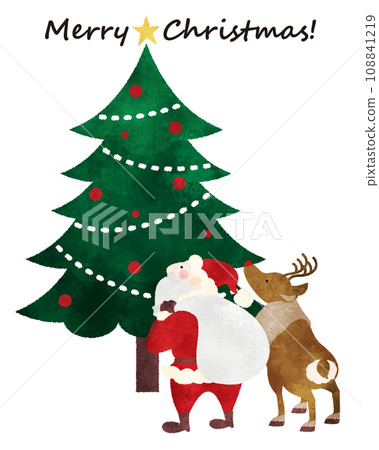 A warm and cute Christmas hand-drawn style Christmas tree, Santa looking up, reindeer A warm and cute Christmas hand-drawn style Christmas tree, Santa looking up, reindeer 108841219