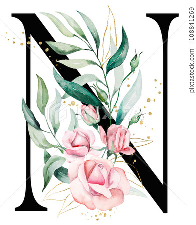 Black letter N with pink watercolor flowers and green and golden leaves, isolated illustration 108841269