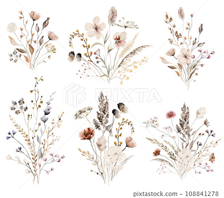 Bouquets with watercolor autumn wild flowers and leaves, Brown and beige wedding illustration 108841278