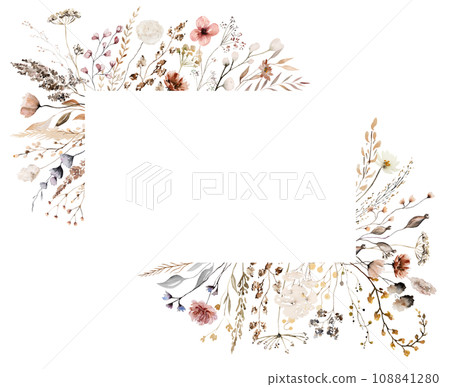 Border with watercolor frame with autumn brown wild flowers and leaves, wedding illustration 108841280