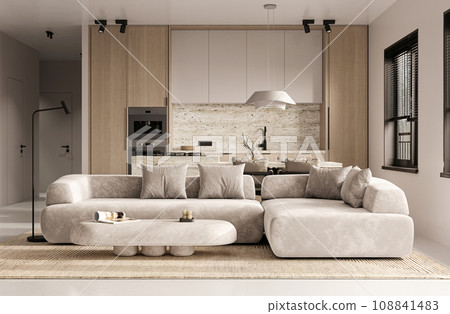 Plush lounge sofa in open concept living area 108841483